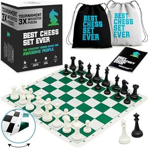 Chess Geeks Best Chess Set Ever 3X Set Scacchi Professionale con Scacchiera Portatile in Silicone 50x50 cm Reversibile e Arrotolabile, Pezzi Triplo Peso (Re 10,3cm) - per Torneo, Viaggio, Adulti e Bambini