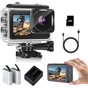 fceoul Action Cam 1080P FHD 16MP, Fotocamera Subacquea 40M con Doppio Schermo 2 e 1.3, Action Cam Moto per Vlog e Sport, con Scheda SD 32GB, 2 Batterie 1050mAh e Accessori(Nero)
