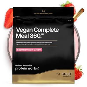 THE PROTEIN WORKS Protein Works | Vegan Complete Meal 360 - GOLD Innovation, Shake Sostitutivo Pasti Vegan Premiato, Ingredienti Vegetali Premium, Vitamine & Minerali, Panna e Fragole, 10 Pasti, 1kg