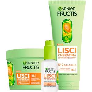 Garnier Fructis Lisci Cheratina Set Maschera 370ml + Balsamo Trattamento Lisciante Cheratina Vegetale e Olio di Argan 200ml + Siero Termoprotettore Lisci Impeccabili 50ml per Capelli Crespi - Set da 3