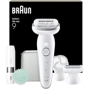 Braun Silk Epil 9 SkinSpa, Epilatore Elettrico Donna Con Testina Flessibile, Wet&Dry, Pelle Liscia A Lungo, Spazzola Esfoliante, Accessorio Massaggiante Corpo, Testina Radente, Cappuccio Regolatore