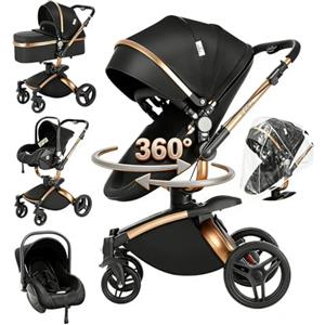 Magic ZC 360° Girevole Pelle PU Passeggino Trio, Passeggino 3 in 1 con Doppia Modalità Push Reversibile, Trio Passeggini Neonati in Alluminio, Carrozzina Neonati Grande Navicella (906 Black)