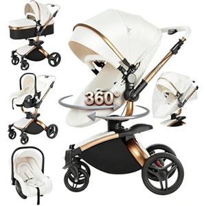 Magic ZC 360° Girevole Pelle PU Passeggino Trio, Passeggino 3 in 1 con Doppia Modalità Push Reversibile, Trio Passeggini Neonati in Alluminio, Carrozzina Neonati Grande Navicella (906 White)