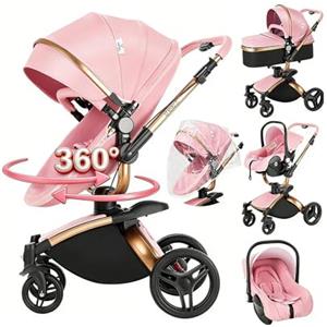 Magic ZC 360° Girevole Pelle PU Passeggino Trio, Passeggino 3 in 1 con Doppia Modalità Push Reversibile, Trio Passeggini Neonati in Alluminio, Carrozzina Neonati Grande Navicella (906 Pink)