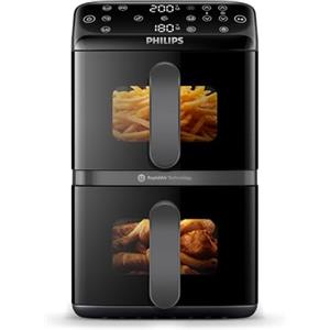 Philips Airfryer Serie 4000, Friggitrice ad Aria Doppio cestello Verticale da 10L, Tecnologia RapidAir, Funzione Sync, Rivestimento in ceramica no PFAS, Finestre, 45% più piccola (NA460/00)