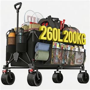 JUMMICO Carrello Spiaggia Pieghevole 260L, Carrello con Ruote Portatutto | Freno | Carrellino con Ruote Portatutto Max 200kg | Manico Regolabile | 25L Tasche Laterali | Esterni Giardino Campeggio(Nero)