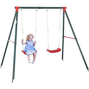 Outsunny Altalena Doppia per Bambini 3+ Anni con Struttura in Metallo, Altalena da Giardino con Corda Regolabile, Gioco da Esterno, Max 45 kg, 239x156x180 cm, Verde e Rosso