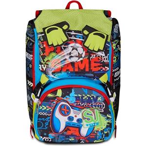 Seven SJ GANG STYLE JAM GANG Zaino Scuola Estensibile, Nero Rosso, FunnyGoal, Zaino Doppio Scomparto Estensibile Tramite Zip Laterali, Tasca Porta Borraccia, Scuole Elementari e Medie, Bambino Ragazzo