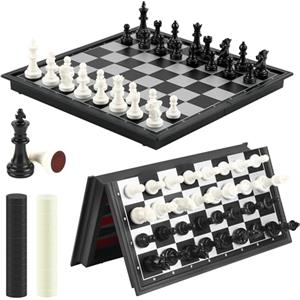 HO-SFSM Scacchi magnetici, set da gioco 3 in 1: scacchi portatili, backgammon, dama, tavola pieghevole, adatto per feste, viaggi