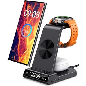 Phelinta Caricatore Wireless 3 in 1 per Samsung S25 Ultra, Stazione di Ricarica per Samsung S25/S24/S23/Z Flip 7/Z Fold 6, Base Ricarica Wireless per Samsung Galaxy Watch 8/8 Classic/Ultra/7/6/5, Galaxy Buds