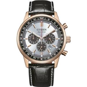 Citizen CA4723-03A Eco-Drive - Cronografo solare da uomo, in acciaio inox, oro rosa, 42 mm, cinturino in pelle nero, 10 ATM