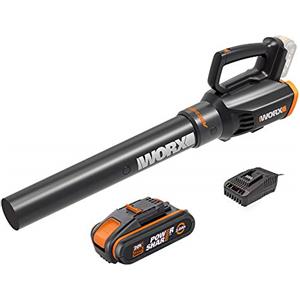 WORX 18V (20V MAX) Soffiatore Foglie a Batteria WG547E, 1 Batteria da 2,0 Ah, PowerShare, 2 Velocità, 120 km/h di Velocità di Soffiaggio, Tecnologia a Turbina, Caricabatteria Rapido 1 Ora