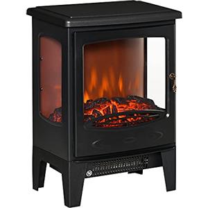 HOMCOM Camino Elettrico Effetto Fiamma e 3 Lati Aperti, Temperatura Regolabile 900W-1800W, Protezione da Surriscaldamento, Copertura 20-25m², 39x26x54.8cm, Nero
