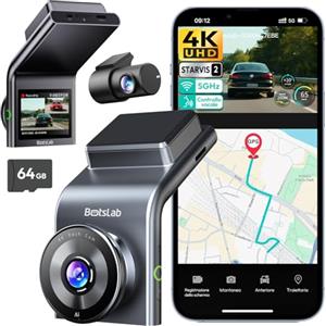 BOTSLAB Dash Cam 4K+1080PFronte Retro Dashcam con Scheda SD 64GB, Dashcam STARVIS 2,WiFi 5G,GPS,WDR Grandangolare a 170, Visione Notturna, WDR,Sensore G, Modalità Parcheggio 24H, Registrazione in Loop
