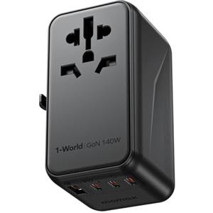 MOMAX Adattatore Universale da Vaggio, Tecnologia GaN 140W, EU/UK/AUS/US/JP Worldwide, Ricarica rapida per iPhone, MacBook, Vision Pro, Cavo di ricarica incluso, 3 USB-C, 1 USB-A, 1 AC