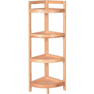 BAKAJI Scaffale Angolo Salvaspazio Colore bamboo Naturale, Angoliera in Bambù Multiuso, Scaffalatura Robusta Portaoggetti, Libreria Arredamento Interno, Mobile Bagno (4 Ripiani)