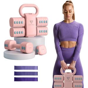 FITVRA Manubri Regolabili 2 in 1 + Kettlebell Regolabile, Set Pesi Palestra per Donna, Rosa, 1-3 kg & 2,5-6,5 kg, con 3 Bande Elastiche e Guida