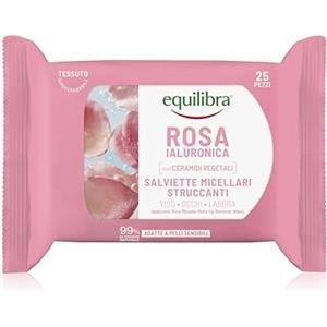 Equilibra, Rosa Ialuronica Salviette Micellari Struccanti, in Tessuto 100% Naturale Viscosa, con Estratto di Rosa Fermentata, Acido Ialuronico e Ceramidi Vegetali, Struccano Delicatamente, 25 pz