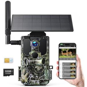 WOLFANG Fototrappola, 4G LTE Fototrappola Solare 2.5K con Scheda SIM Preinstallato e SD, Fotocamera con Allarme, Visione Notturna, Angolo 120° 82ft, Tempo di Scatto 0,2s, IP66 Impermeabile