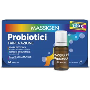 Massigen Probiotici - Integratore con 8 miliardi di probiotici, Vitamina D e B3, 10 Flaconcini da 8 ml