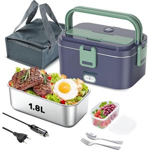 Dosevita Scaldavivande Elettrico Portatile con Display Temperatura Porta Pranzo Riscaldabile 80W Lunch Box Elettrico 1.8L Acciaio Inox Rimovibile 12V/24V/230V per Auto/Camion (Blu Zaffiro)