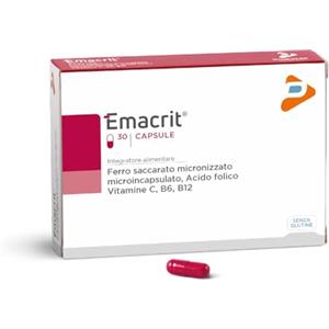 PHARMALINE Pharma Line EMACRIT Capsule Integratore di Ferro, 30 Capsule | Con Acido Folico, Vitamine C, B6 e B12 ad Alta Assimilabilità