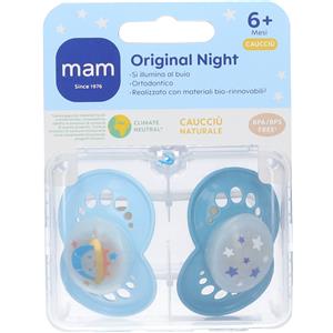 MAM Original Night Ciuccio Luminoso in Caucciù Naturale - Set da 2, 6 Mesi, con Custodia Porta Succhietto