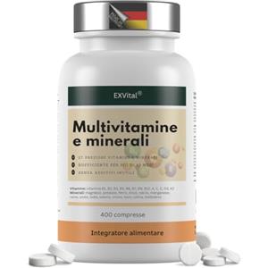 EXVital Compresse Multivitaminiche - 400 compresse vegane, 27 vitamine e minerali, con complesso di vitamine B, vitamina D, magnesio, potassio e altro, senza magnesio stearato, testate in laboratorio
