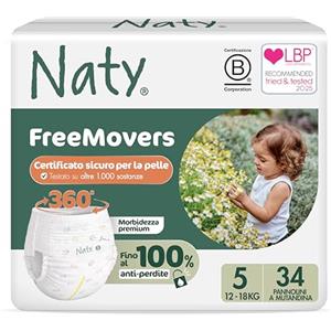 Naty FreeMovers Pannolino a Mutandina | Mutandino Certificato per Pelli Sensibili | Morbido, Senza Profumo | Assorbente & Anti-Perdite | Unisex Bambino & Bimbo | Taglia 5 (12-18 kg), 34 Pezzi
