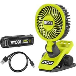 RYOBI RCF4-120G, Ventilatore Portatile a Pinza, Girevole a 180° e Rotante a 360°, Silenzioso, per Superfici Fino a 32mm, Ø 9cm, 1 Batteria da 2,0Ah Inclusa Ricaricabile con USB-C