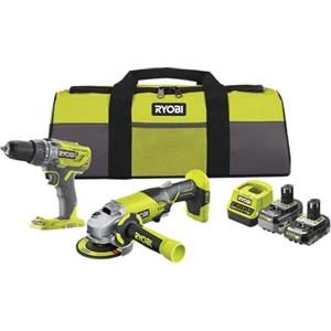 RYOBI - Duo 18 V ONE+: Trapano a percussione 50 Nm Mandrino 13 mm LED & Smerigliatrice 115 mm 7.500 giri/min - Viene fornito con 1 batteria 4 Ah, 1 batteria 2 Ah, un caricabatterie e una grande borsa