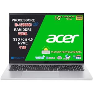 acer Aspire Go 16 Notebook, Intel Core i9-13900H, RAM 32GB DDR5 6400MHz, SSD 1TB NVMe, Display 16 WUXGA IPS 120Hz 16:10, USB-C, HDMI 2.1, Wi-Fi 6, Tastiera Retroilluminata, Windows 11 Home