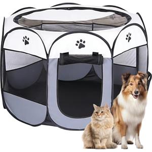 LUPATDY Recinto per Cani da Interno, Portatile Box Cani per Interno ed Esterni, Box Pieghevole per Cane e Gatti, Kennel Cane Piccolo, Gabbia per Gatto, Cucciolo Conigli,74 x 74 x 43 cm (Grigio-Bianco)