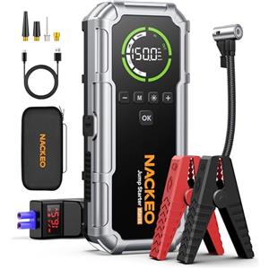 NACKEO Avviatore Batteria Auto con Compressore 160 PSI, 8000A Avviatore Emergenza per Auto/Moto per (Tutti Gas 12L Diesel), 12V Booster Avviamento Auto 600 lumen LED/Ricarica USB-C, Ampio display LCD