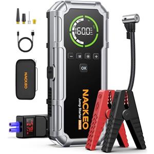 NACKEO Avviatore Batteria Auto con Compressore 160 PSI, 8000A Avviatore Emergenza per Auto/Moto per (Tutti Gas 12L Diesel), 12V Booster Avviamento Auto 600 lumen LED/Ricarica USB-C, Ampio display LCD