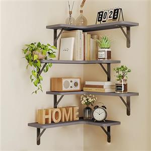 BAKAJI Set 4 Mensole in Legno Angolari, Scaffalatura ad Angolo Montaggio a Muro, Aste Metallo, Scaffalatura per Camera da Letto, Soggiorno, Cucina, Bagno, Libreria Salvaspazio (Grigio)