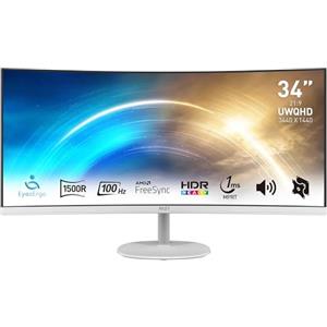 MSI PRO MP341CQW Monitor Curvo 34 UWQHD (3440 x 1440), Pannello 21:9, 100 Hz, 1 ms (MPRT), Anti-Flicker, Less Blue Light, Speaker integrati, 2x HDMI 2.0b, 1x DP, VESA 100x100, Bianco