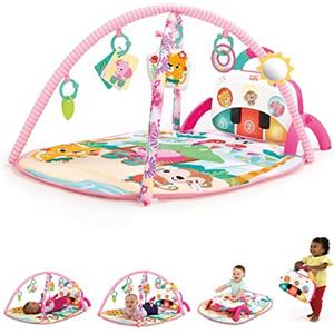 Bright Starts Groovin' Kicks 4 in 1 - Tappetino da gioco con pianoforte, tamburo e motivo floreale, include 2 barrette giocattolo per neonati