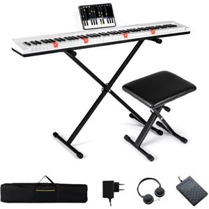 COSTWAY Tastiera Pianoforte Elettrico a 88 Tasti, Piano Digitale con Supporto e Sgabello Regolabili, Tastiera Sensibile, Tasti e Pulsanti Illuminati, Funzione MIDI, Pedale di Sustain, Cuffie (Bianco)