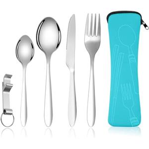 Vicloon Set di Posate con Custodia Portatile, 5 Pezzi in Acciaio Inossidabile con Apribottiglie, da Viaggio Coltello Forchetta Cucchiaio per Campeggio Picnic Scuola Pranzo(Cielo Blu)
