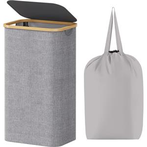 Lifewit Cesta Portabiancheria 100 L con Coperchio, Grande Cesto Biancheria Pieghevole in Bambù con Sacco Interno, Portabiancheria Salvaspazio, Laundry Basket per Camera da Letto, Bagno, Grigio Chiaro
