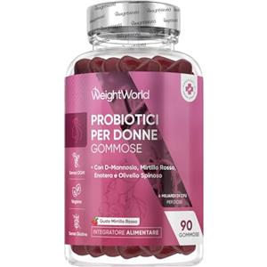 WeightWorld Probiotici Donna Gommose Con D-Mannosio, Mirtillo Rosso (Cranberry), Olio di Enotera, Olivello Spinoso, 90 Caramelle Gommose Vegane, 4 Ceppi Probiotici, 4 Miliardi di CFU, Senza Glutine, Senza OGM