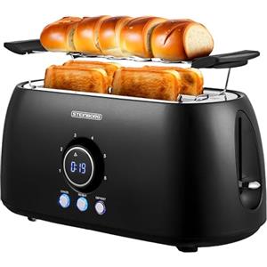 Steinborg Tostapane XXL 4 fette nero display digitale grande, elegante, ampio, lungo con inserto per panini, stretto, spegnimento automatico