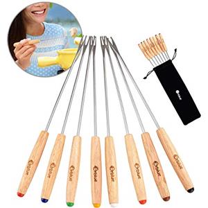 ORBLUE Set 8 Forchette Fonduta Bourguignonne, Manico Legno, Colori Vari - L'ideale per le tue Cene Conviviali