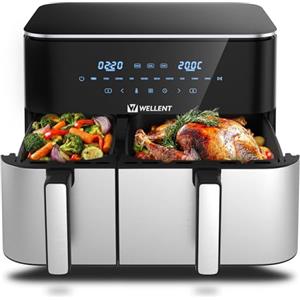 WELLENT Friggitrice ad Aria 11L con Doppio Cestello (4+7L), Air Fryer XXL 2600W, Doppia Resistenza, 10 Programmi, Cottura Indipendente & Sync, Risultati Croccanti con Poco Olio, Touchscreen Digitale