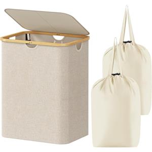 Lifewit Cesta Portabiancheria 120 L con Coperchio, Grande Cesto Biancheria Pieghevole in Bambù con Sacco Interno, Portabiancheria Salvaspazio, Laundry Basket per Camera da Letto, Bagno, Beige