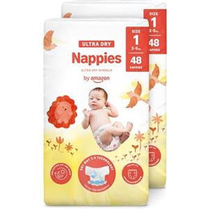 by Amazon Ultra Dry Nappies - Taglia 1 (2-5kg) - con Canali - 96 Pannolini (2 Confezioni da 48) (Stesso Prodotto Commercializzato in Precedenza con il Marchio Mama Bear)