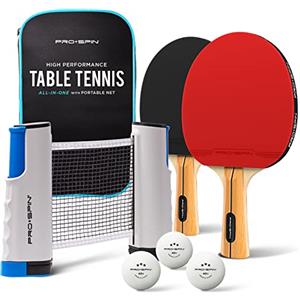 PRO-SPIN Set da Tavolo Portatile - Kit Premium con Rete Estensibile per Qualsiasi Tavolo, Racchette, Palline e Custodia per Ping Pong (Set da 2 Giocatori, Rosso)