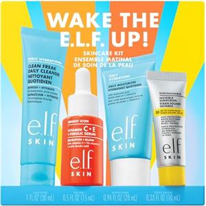 e.l.f. SKIN Wake the e.l.f. Up Skincare Kit, detergente viso idratante, protezione solare, idratante e siero illuminante in formato viaggio, prodotti vegani e non testati sugli animali