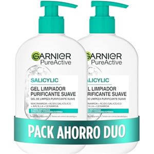 Garnier Pure Active Pack x2 Gel detergente idratante con acido ialuronico, ceramica e argilla, rimuove impurità, grasso e trucco, 2 x 250 ml